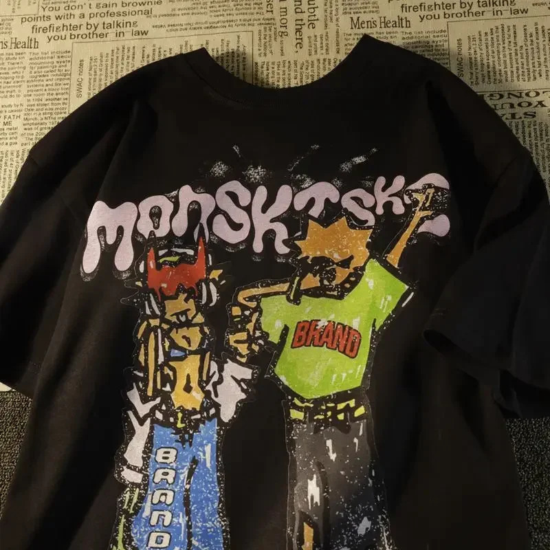 Fashionable American Street Cartoon Printed Tshirt for Men and Women Summer Y2K Hip Hop Loose Cotton Half Sleeve Top 250318