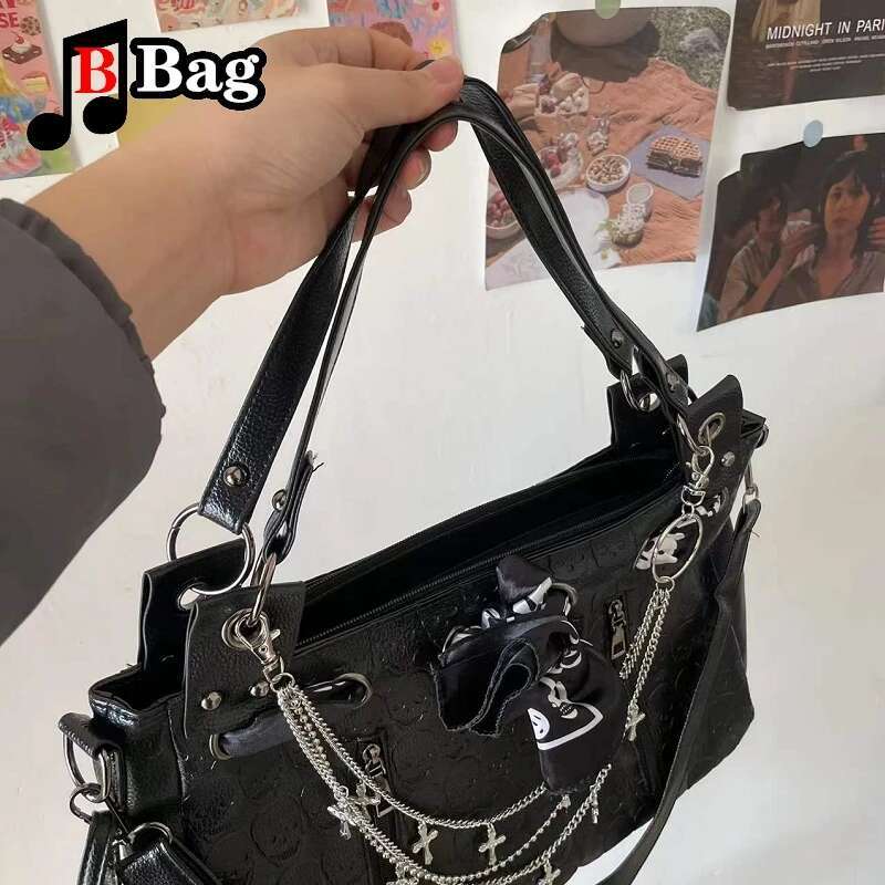 Y2k Women Girls Gothic Skulls Printing Leather Shoulder Bags Totes Female Punk Cross Chain Large Capacity Messenger Bag Handbag