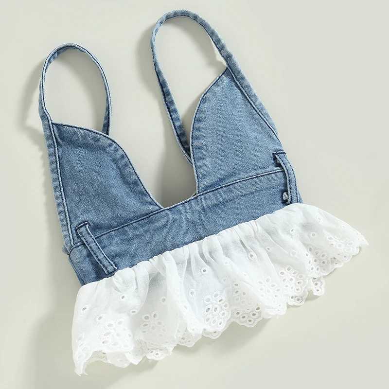 0-5Y baby girl summer clothing set 2023 new childrens sleeveless tie vest+lace decorative shorts childrens denim setT250327