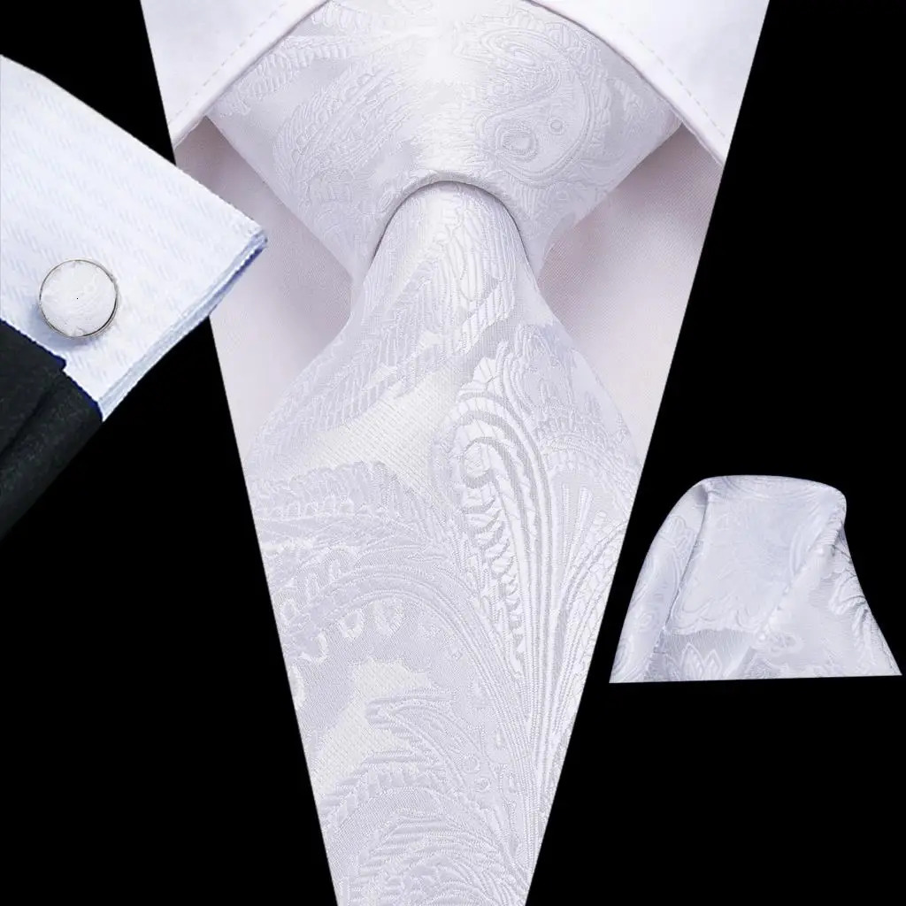 White Silver Mens Tie Hanki Cufflinks Set Mens Wedding Party Business Mens Tie Fashion Hi Tie 250322