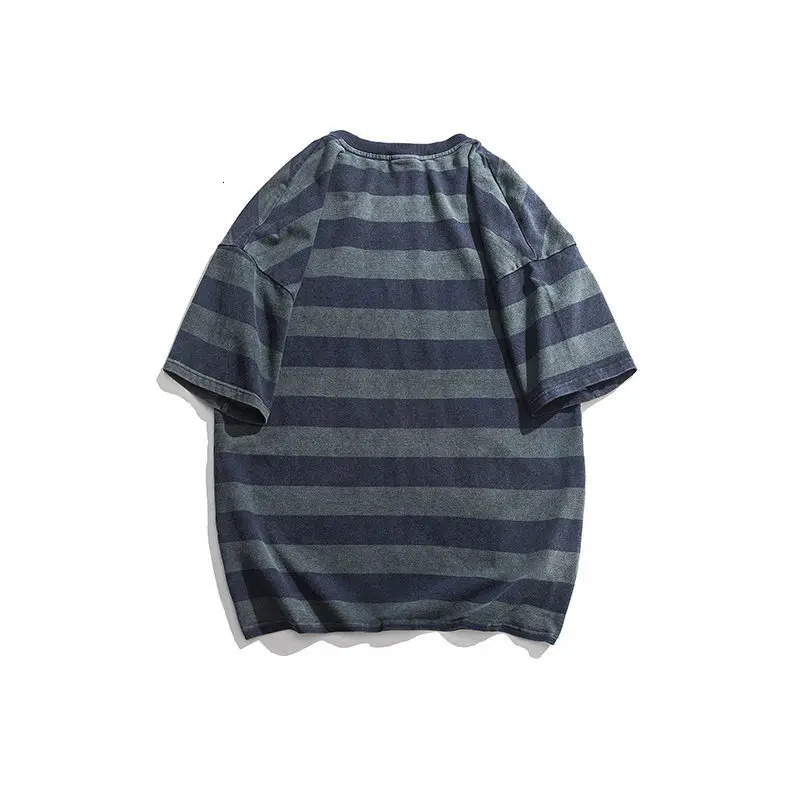 Mens Harajuku striped loose Tshirt summer short sleeved Oneck full matching plus size top retro casual mens clothing 250326