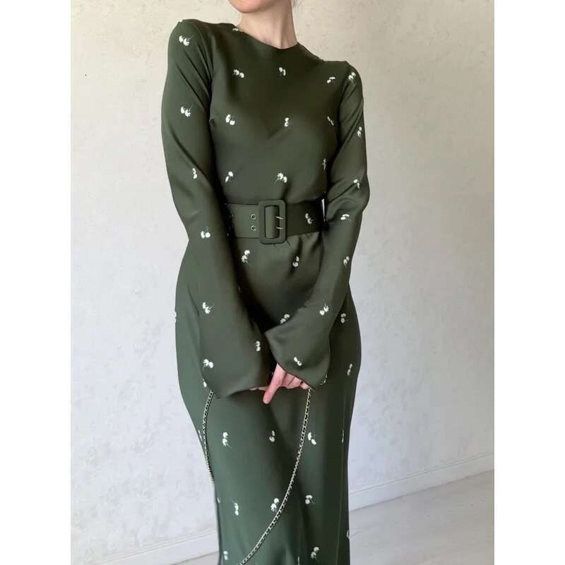 Dongdumaoyi Herfst Nieuwe Stijlvolle Temperament Lange Mouwen Slim Fit Ruffledalong Jurk Met Letters C