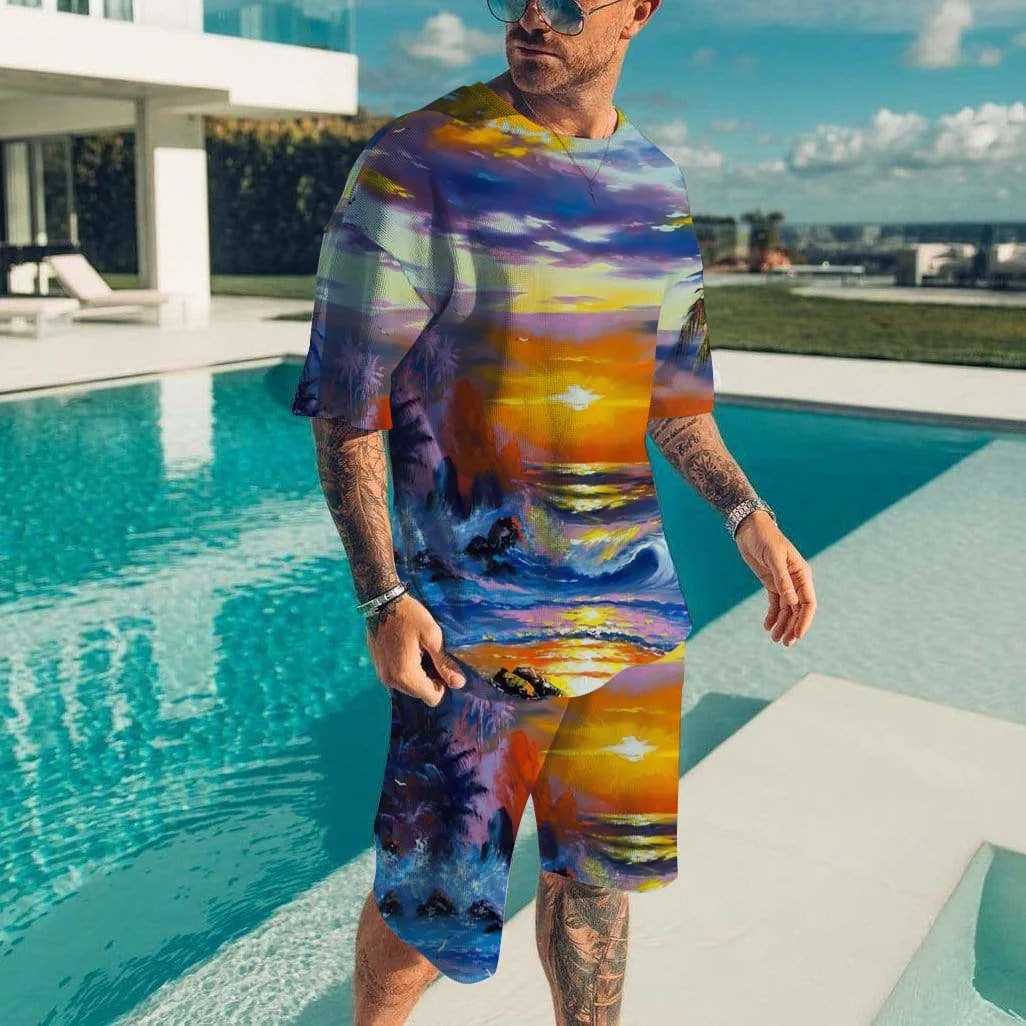 Mens set Hawaii Beach T-shirt two sets of vacation casual beach pants set fashionable all printed T-shirt set new mens T-shirtXJ250326