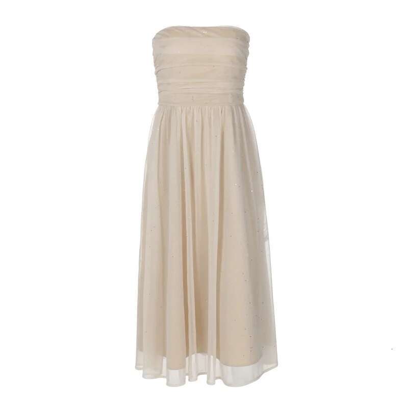 Dongdumaoyi Lente Elegante Zoete Pittige Effen Kleur Sexy Bustier Off Shoulder Pailletten Dubbellaags Damesjurk C