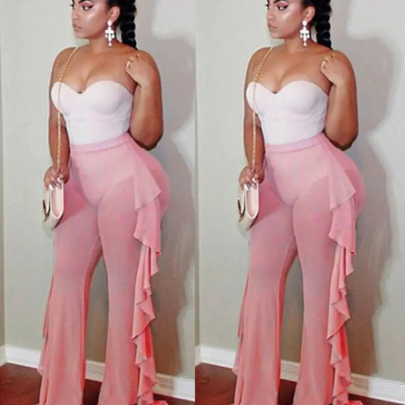 Summer Womens Beach Mesh Ruffle Transparent Wide Leg Pants Trouser Bikini Cover 250326