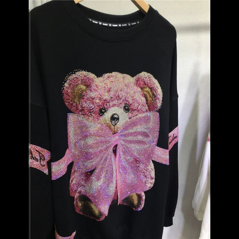 Large size sportswear Kawaii bear bow tie diamond print cute casual full match womens autumn and winter top 250326