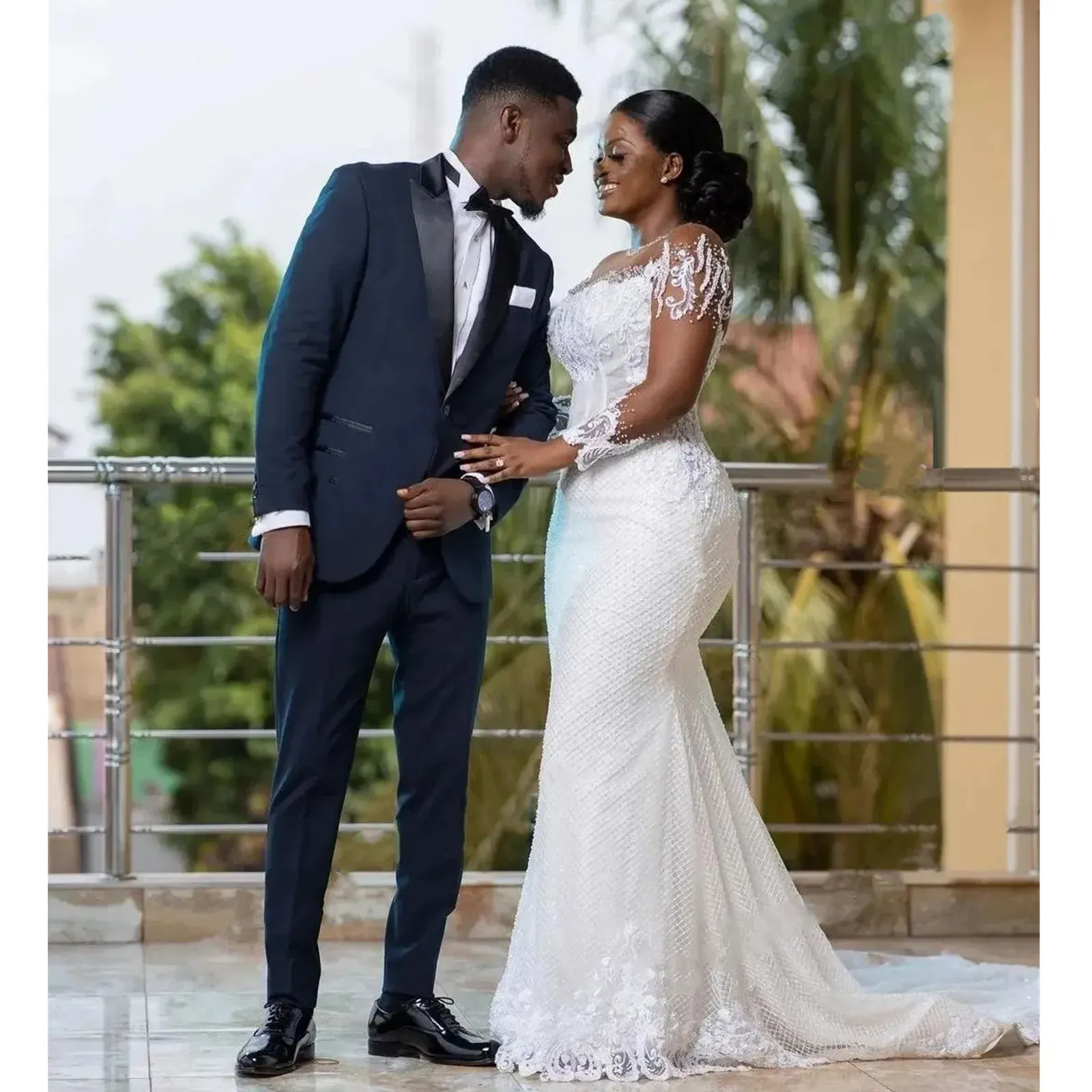 Beading Mermaid Wedding Dresses Women Elegant Sheer Long Sleeved African Bridal Gowns Lace Country Dress Second Reception Gown Plus Size