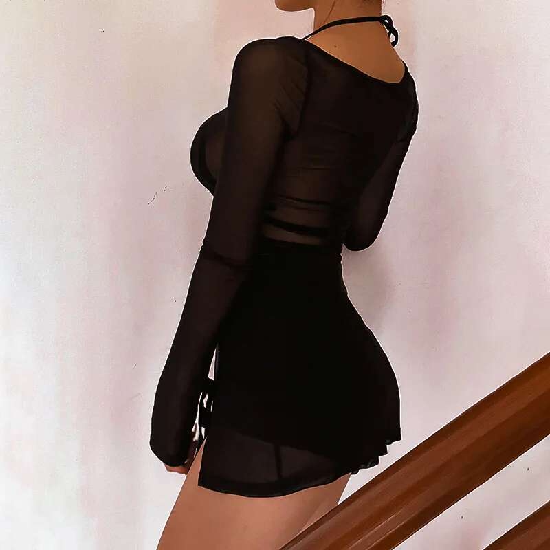 Dongdumaoyi Nieuwe Stijl Sexy En Verleidelijke See Through Mesh Lange Mouwen Split Korte Jurk Voor Amorous Mood Vrouwen Jurk