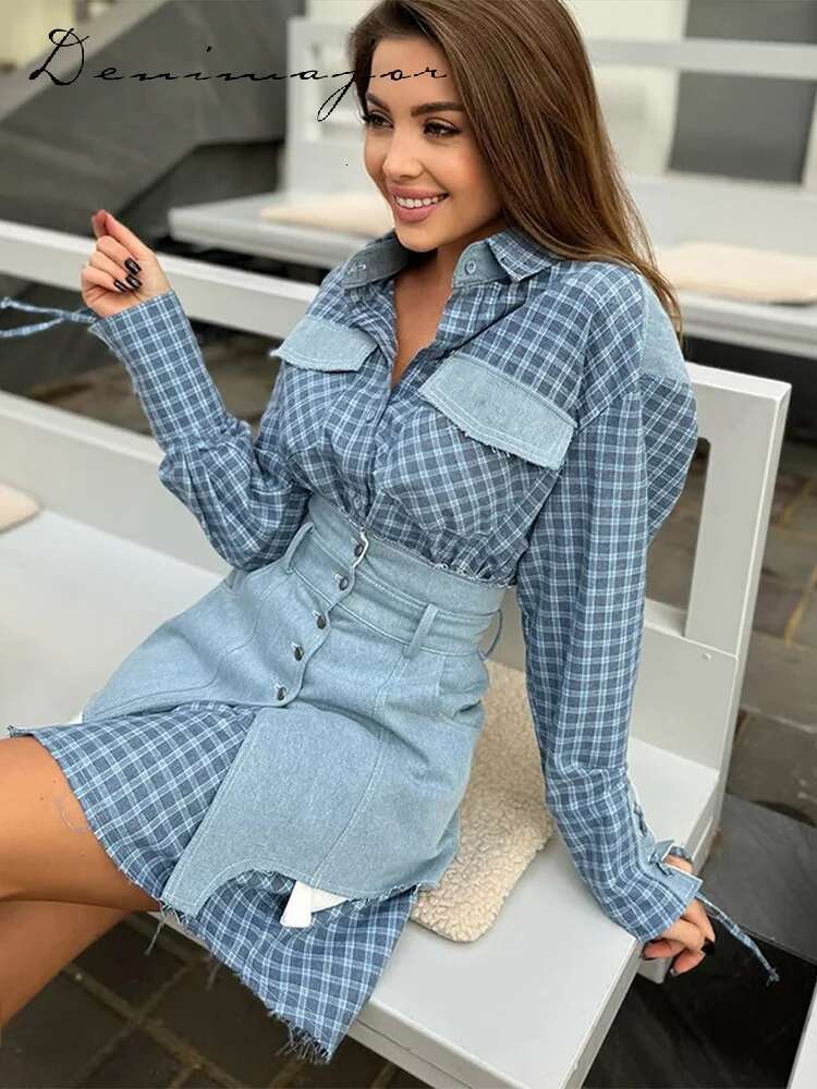 Plaid Patchwork Denim Skirt Set Women Lapel Single Breasted Long Sleeved Jacket Asymmetrical Mini Skirts Summer Lady Outfit