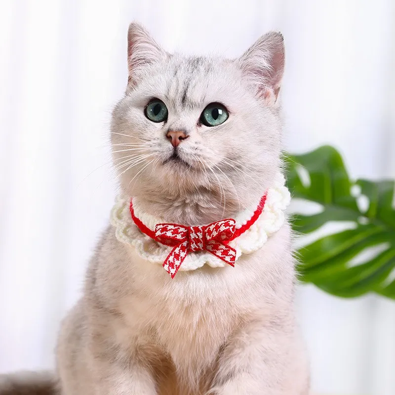 cute bowknot handknitted saliva towel kitten cat puppy adjustable collar pet decorative dog cat collar pet
