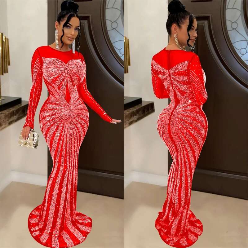 Dongdumaoyi Mode Dames Effen Kleur Mesh Pure Strass Lange Mouw Jurk C