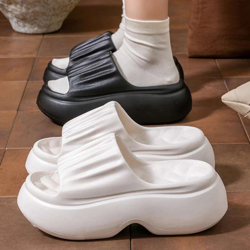 Chunky Platform Slippers for Women Summer Non Slip Thick Eva Sole Beach Slides Woman Pleated Design Wedge Heels Sandals