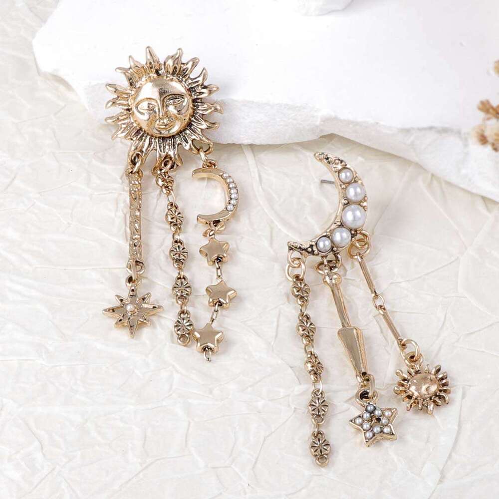 Bold Celestial Earrings Trendy Geometric Sun Moon Star Dangle Earrings with Fringe for Women