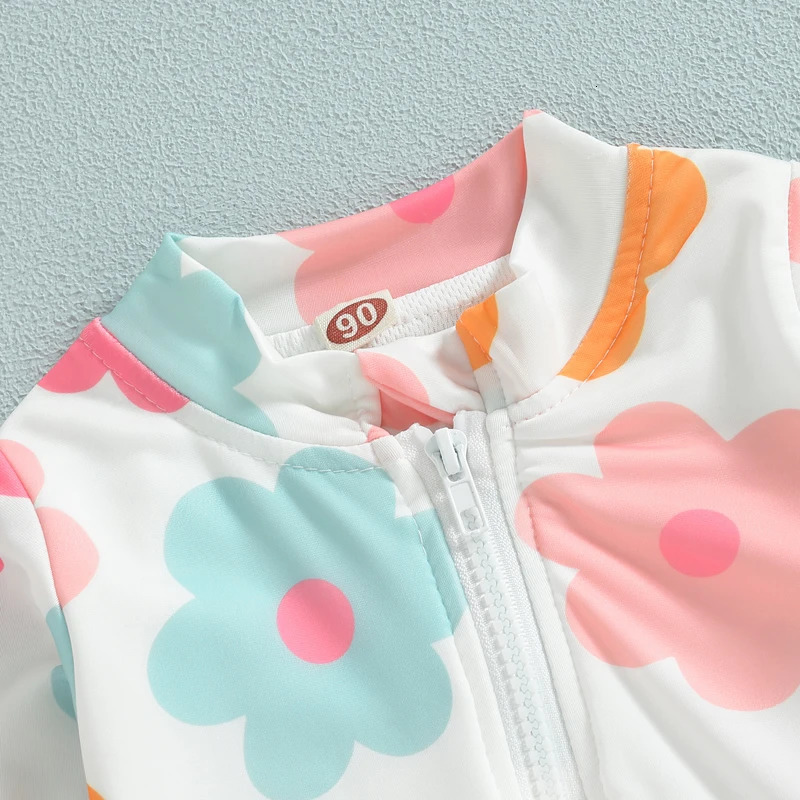 Kids Baby Girl Swimsuits Summer Floral Long Sleeve Zipper Ruffles Jumpsuit Swimwear Beachwear Bathing Suits 250326
