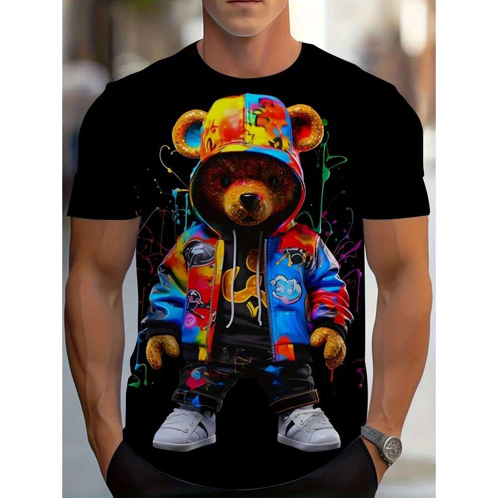 Men s T shirt Fashion Bear D Pattern Cartoon Color Round Neck Top Short Sleeve Summer Clothing