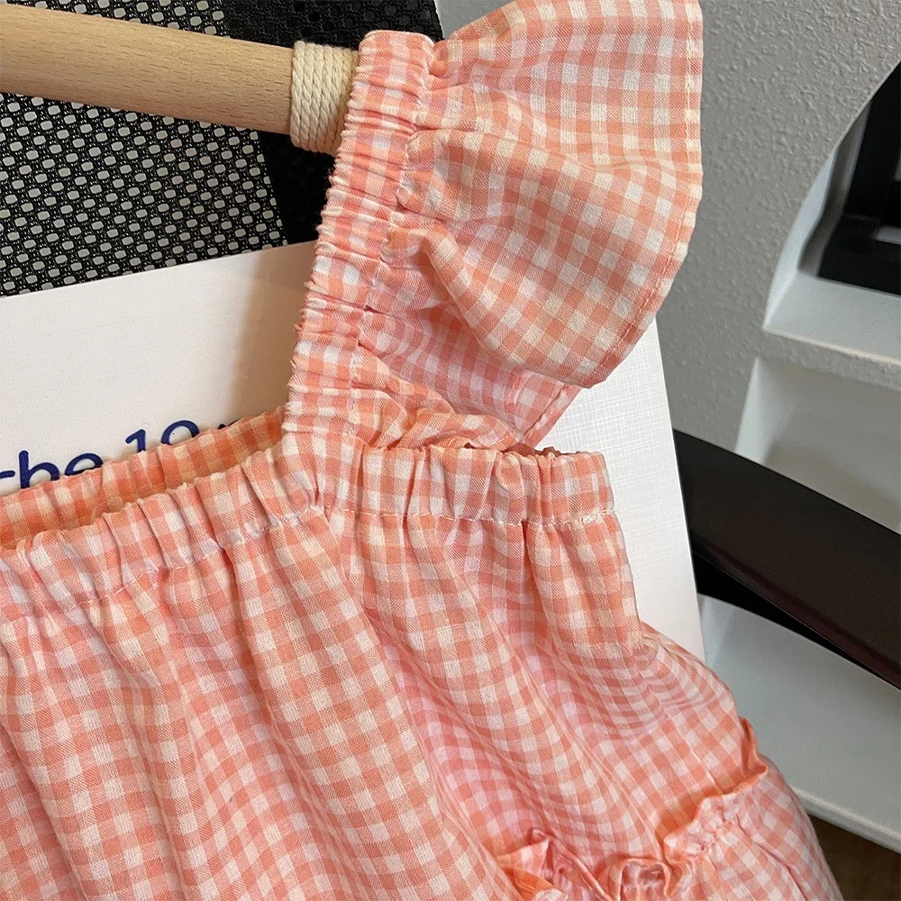 Summer Kids Clothes Green Plaid Fly Sleeved Topsolid Color Casual Pants 2-piece Set Girl Clothes Vest Set Kids Clothes Girls 250326