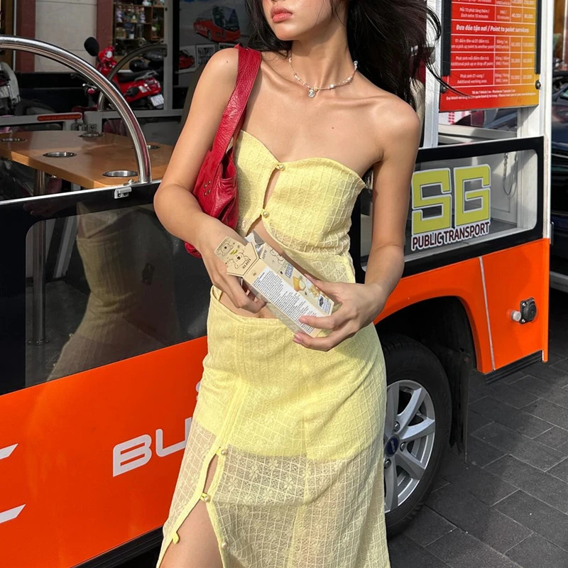 Among them the casual summer hollow womens twopiece set sleeveless shoulder top and high waisted long clothing 250326