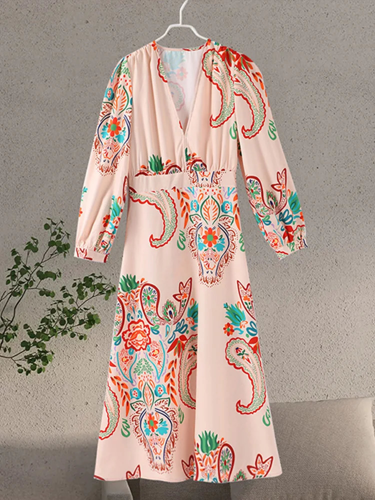 Printed Deep V Neck Women Dresses Lantern Sleeve A Line Lady Dress Summer Beach Party High Waist Slim Elegant Female Rube 250326