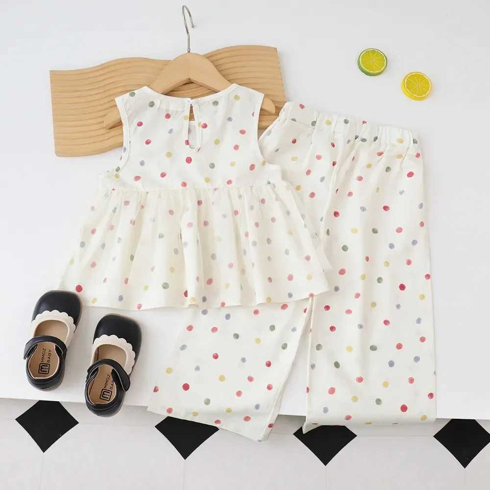 Summer mesh childrens set sleeveless polka dot top+wide leg pants 2-piece set for girls clothing casual set 3-7 YT250327