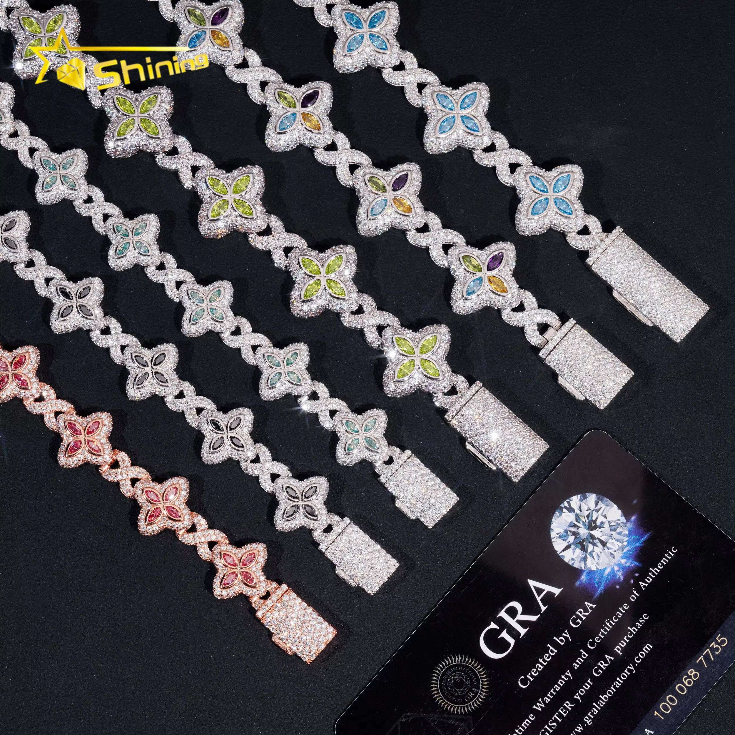 New Arrivals 925 Silver Color Marquise Clover Hip Hop Moissanite Diamond Infinity Link Bracelet