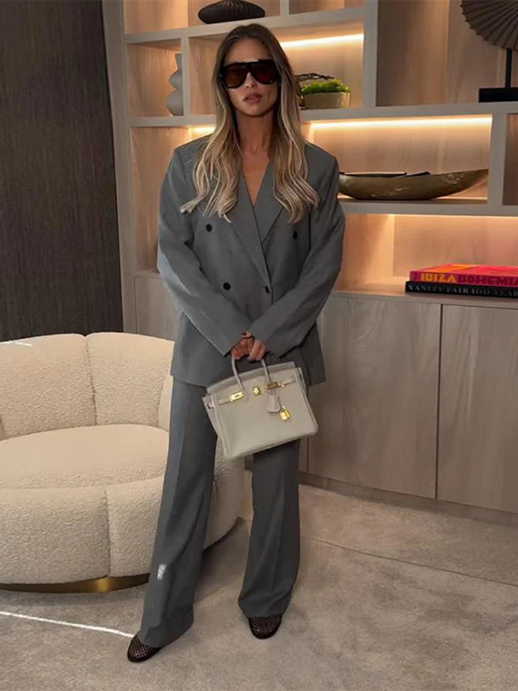 Womens Office Set Elegant Collar Button Full Sleeve Jacket Loose Waist Long Trouser Fashion Street Clothing 250326
