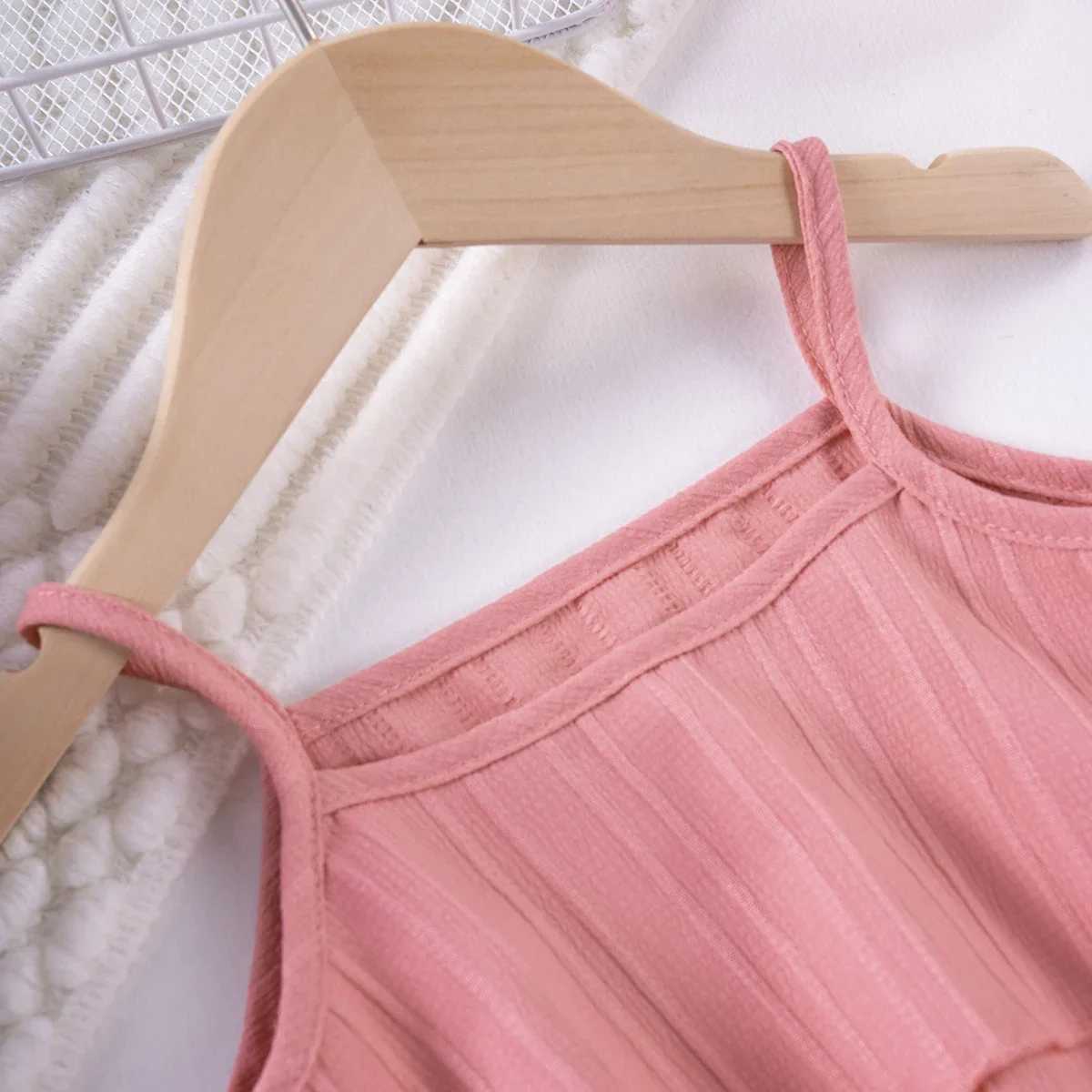 2024 Summer Casual Fashion Set for Preschool Girls Solid Color Wave Striped Strap Pants 2 pieces Baby Girls Clothing Hot SellingT250327
