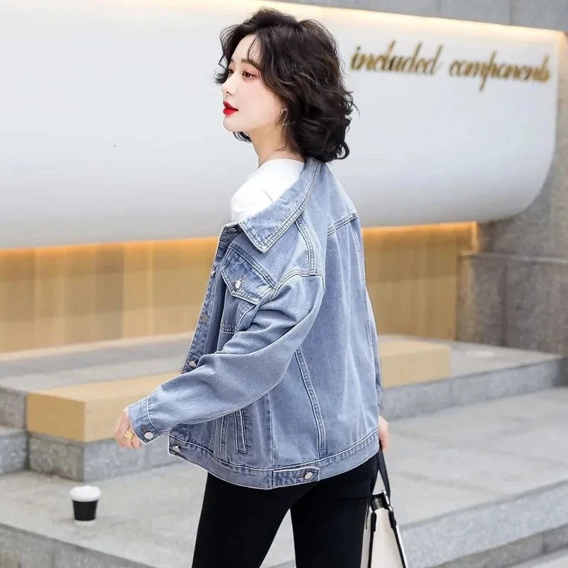 Spring and autumn single breasted womens denim jacket loose long sleeved top casual jeans 250326