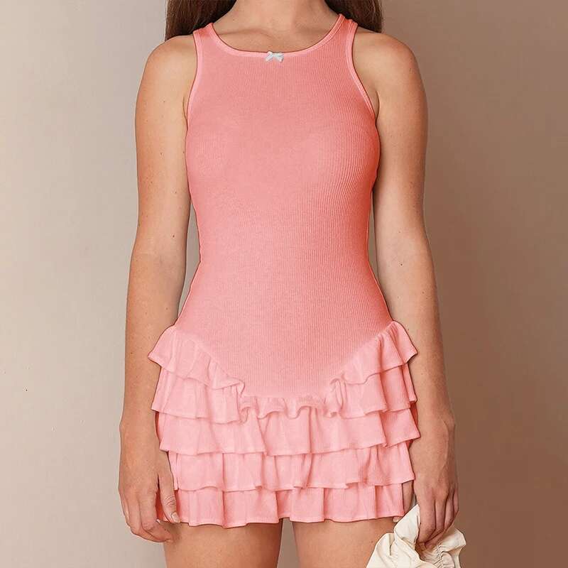 Women Sweet Summer New Pink Sexy Sleeveless A-e Dress Fashion Bow O-Neck Casual Slim Club Party Female Mini Dresses
