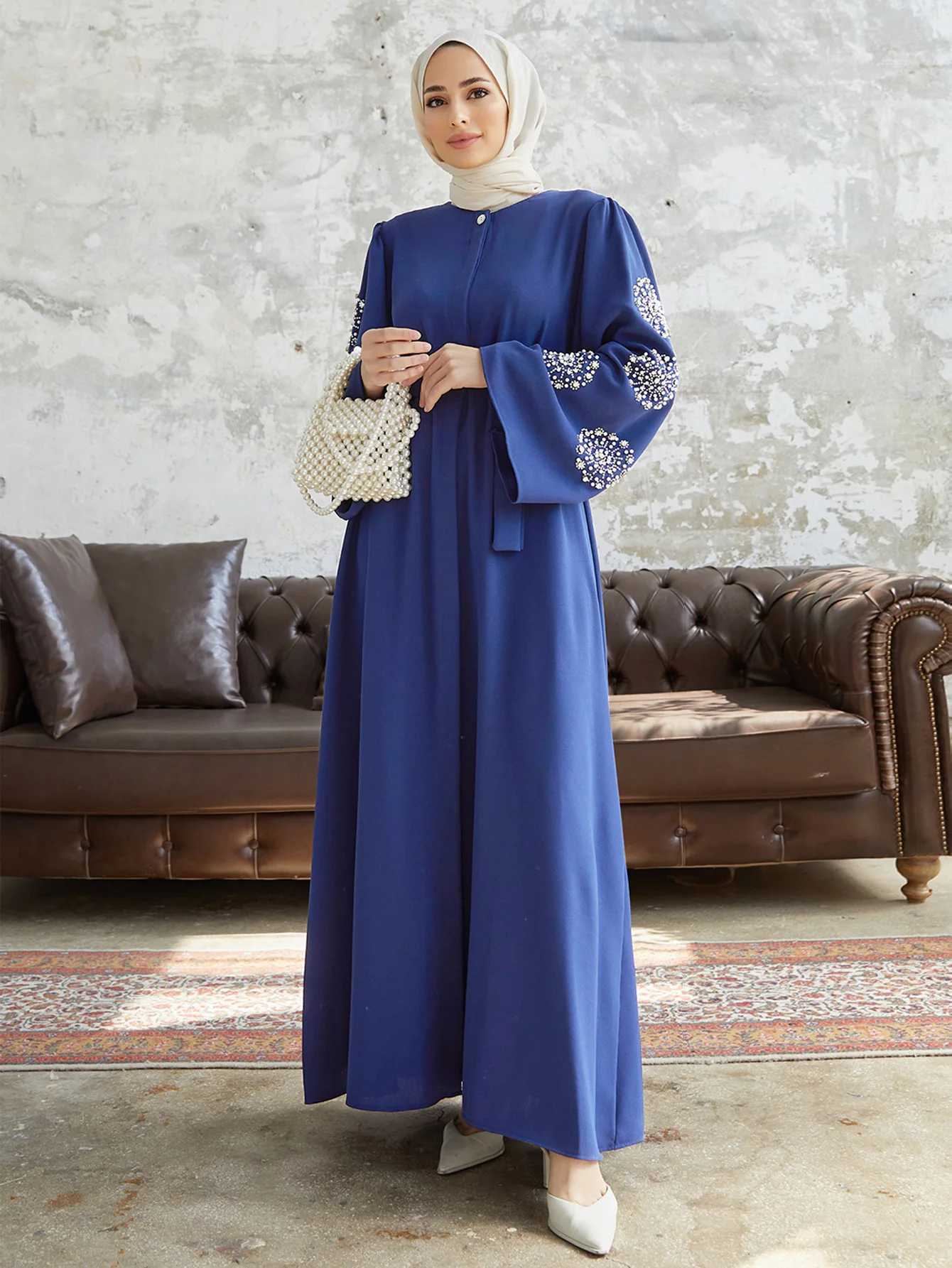 2025 Dubai Women Muslim Abaya Beaded Maxi Dress Turkey Kaftan Modest Eid Ramadan Robe Musulmane Arab Caftan Islamic Clothing Vestido X2505141