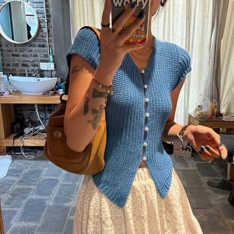 Short sleeved knitted cardigan womens casual top button springsummer Vneck slim crop 250326