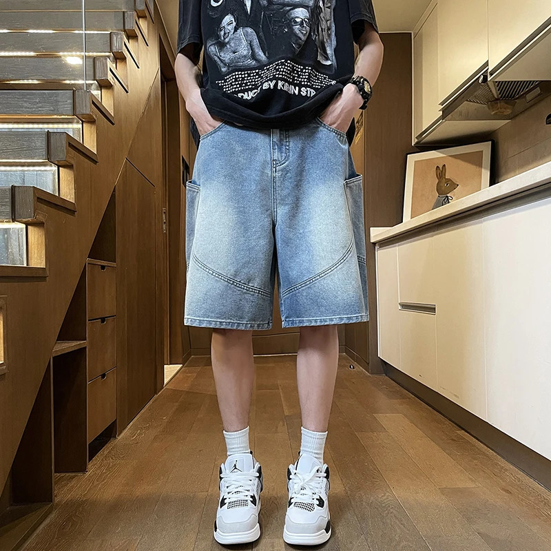 Casual cargo denim shorts mens elastic waist straight comfortable light blue soft pocket wide Bermuda jeans 250326