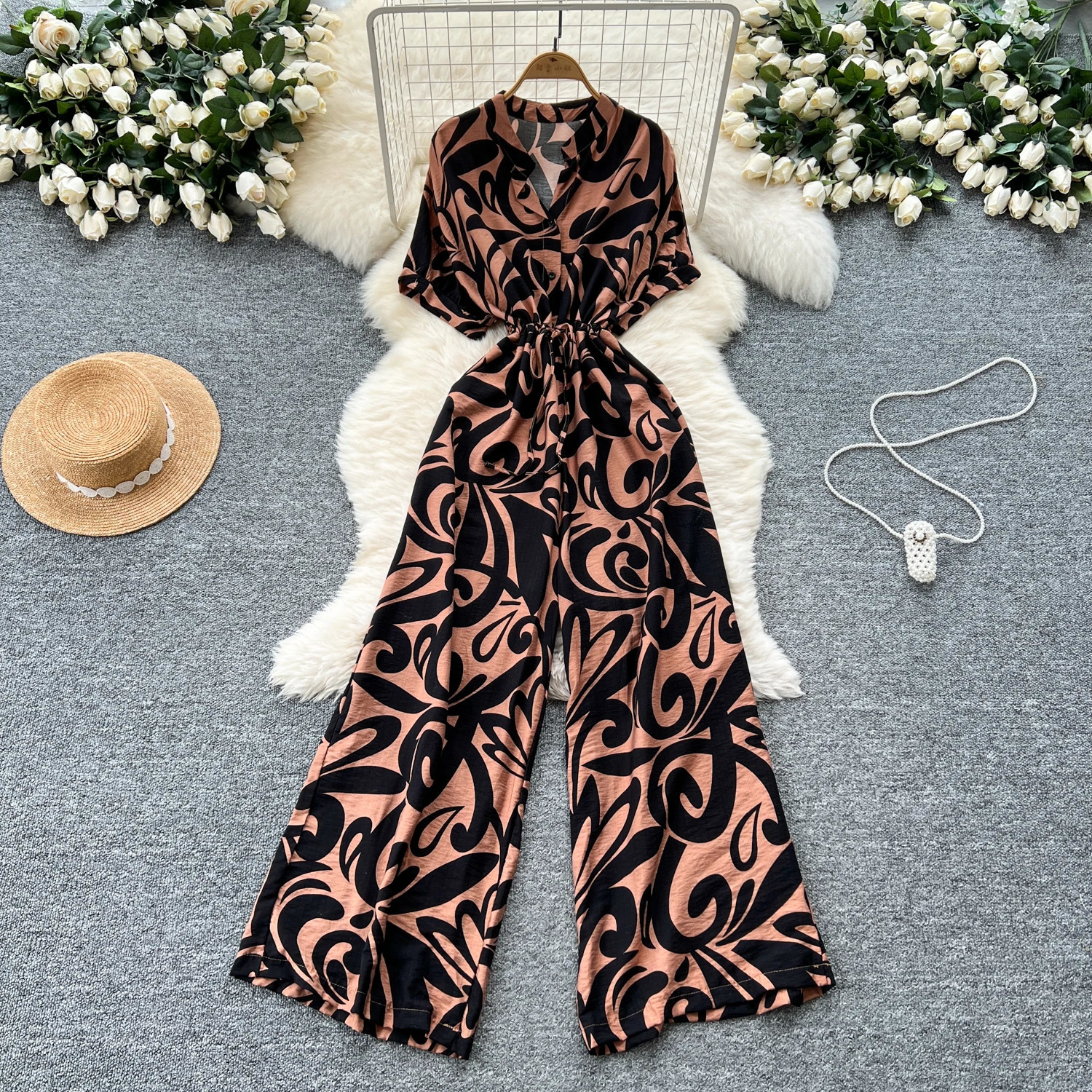 Vneck puff sleeve ultrathin bodysuit high waisted floral print wide leg pants jumpsuit womens Y2k retro fashionable summer 250326