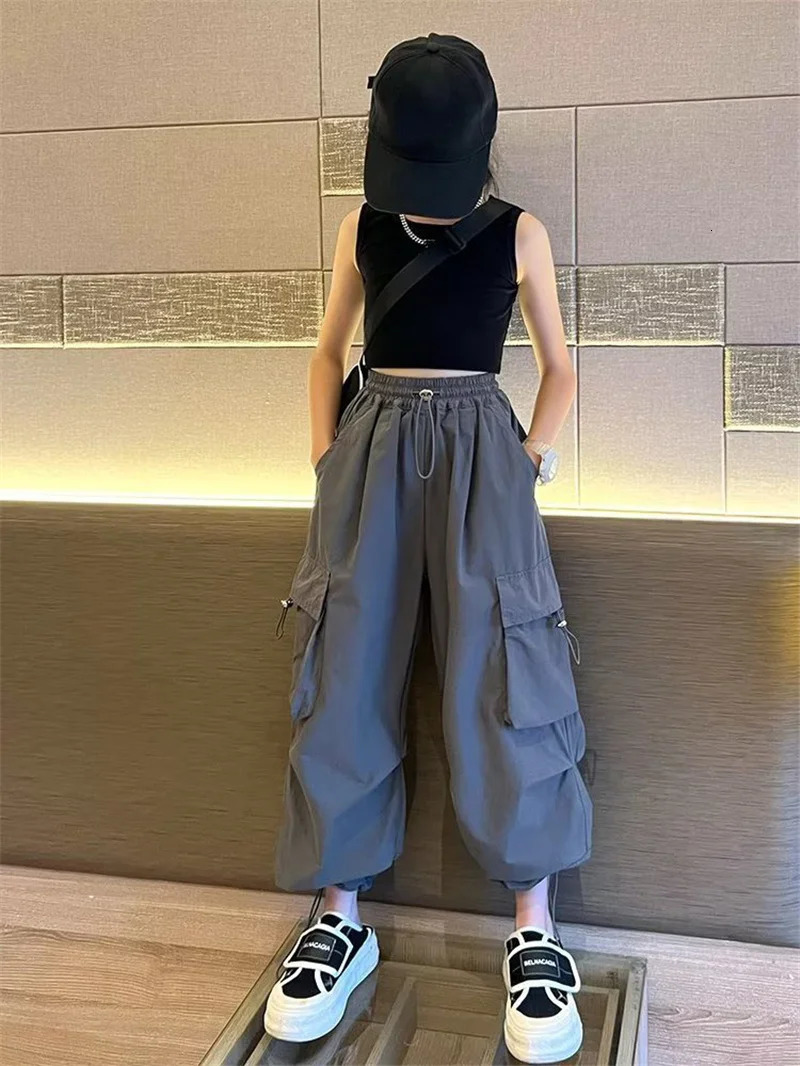 Girls jogging pants teenagers loose casual straight Trouser fashionable childrens pocket n cool street wear 514 Y 250325