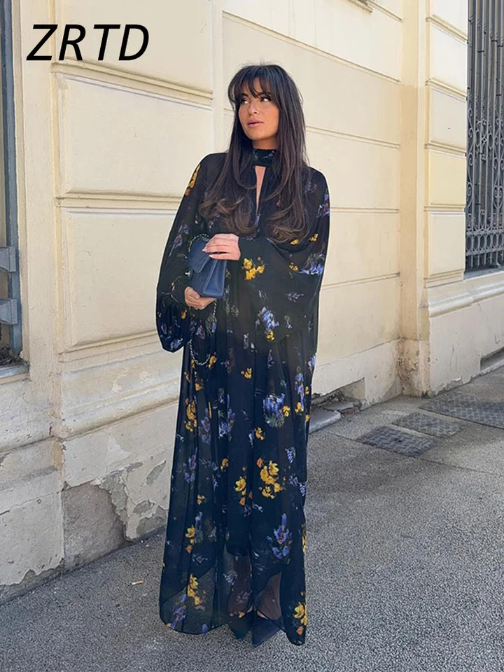 Elegant Printed Boho Long Dresses Women Loose Chic Turtleneck Lantern Sleeve Floral Robes Spring Summer Lady Vacation Dress 250326