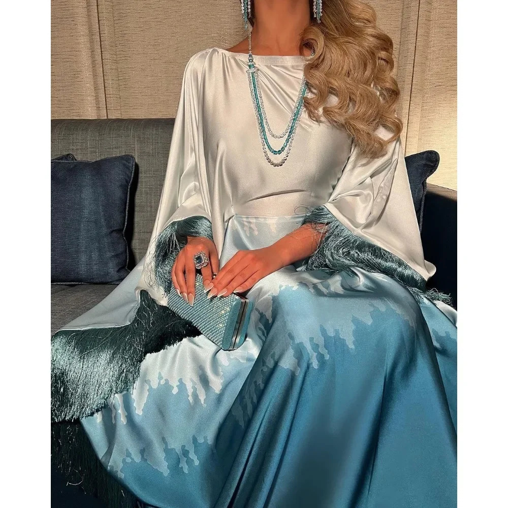 Muslim Batwing Sleeve Gradient Tassel Abayas Dubai Deluxe Print Maxi Dress Ramadan Islamic Women Party Evening 250326