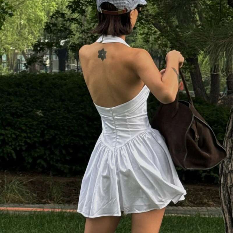 New A-e Women White Summer Fashion Halter Sleeveless Sexy Backless Dresses Casual Slim Club Party Elegant Lady Dress