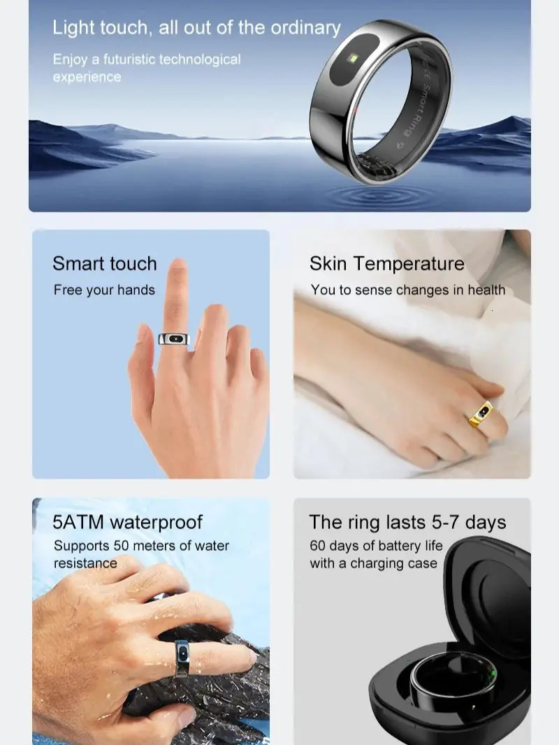 R08 Mens Smart Ring with Female Touch Control Function Health Monitor IP68 5ATM Waterproof Skin Temperature Measurement Smart Ring 250322