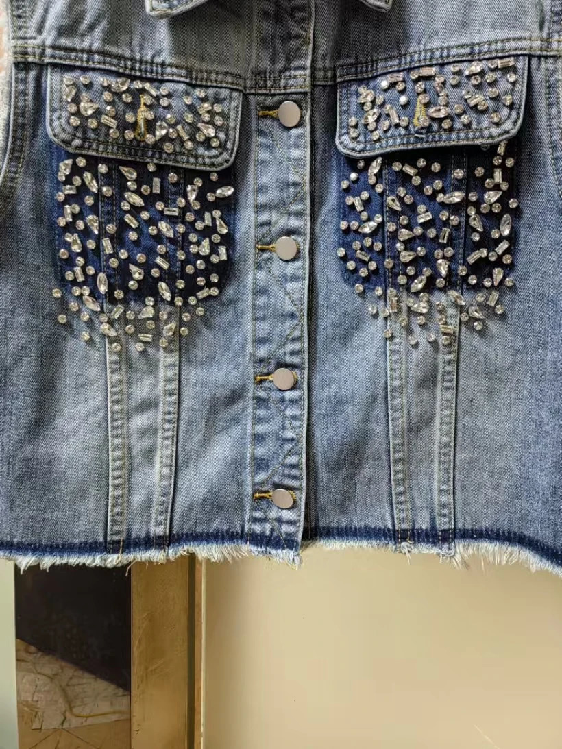 Womens Cowboy Waist Sleeveless Diamond Splicing Tank Top High Short Jacket Spring Korean Clothing 250326
