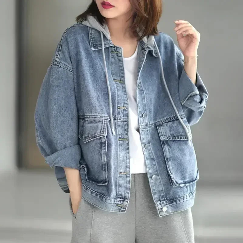 Korean denim jacket womens spring casual loose weight loss super big hat retro solid women 250326