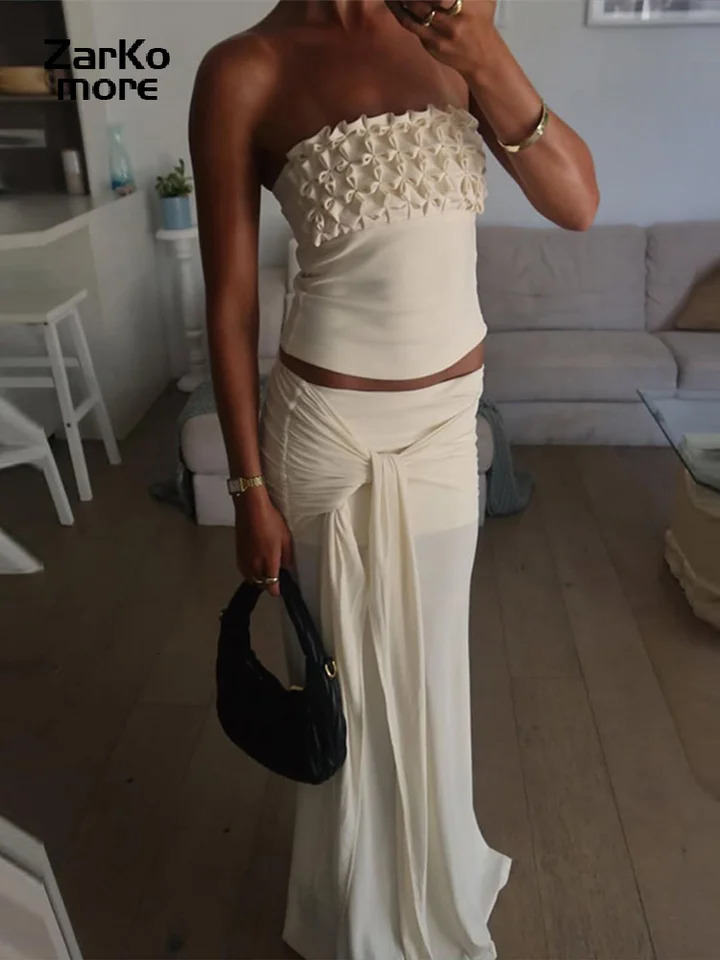 Elegant tight fitting vest set womens shoulder tube top high waist Maxi Skirt summer 2piece vacation beach 250326
