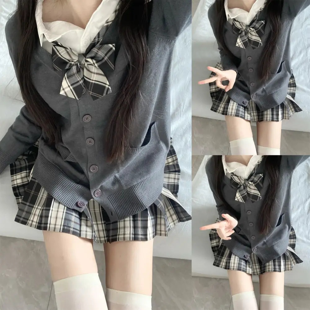 3Pc set Japanese Korean school uniform multicolor sweater and flat pleated dress Jk with bow graduate female 250326