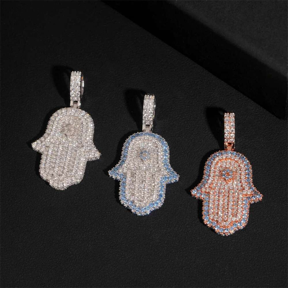 Hip Hop Rock Bling 5a Cubic Zirconia Hamsa Hand Pendant 925 Sterling Silver Fine Jewelry Women Men Fatima Necklaces Rope Chain
