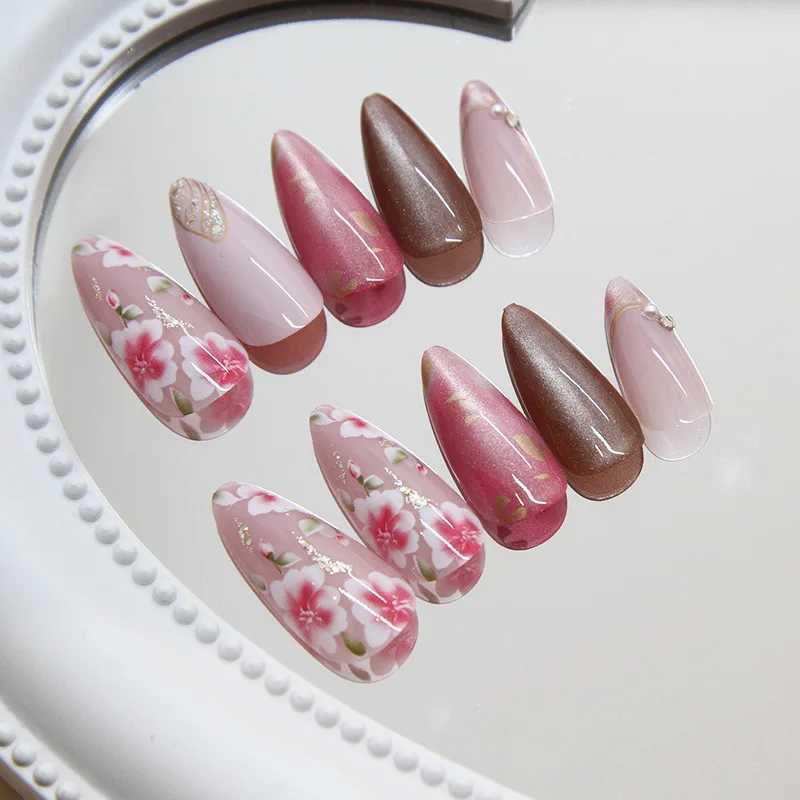 24pcs peach blossom heart pressed on nails cats sparkling fake nails suitable for women and girls in spring and summer detachable and wearable nailsXJ
