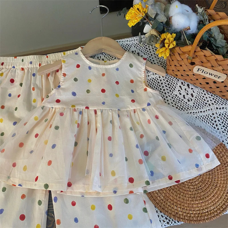 Childrens Clothing Sets Color Polka Dot Sleeveless Top Wide Leg Pants 2pcs Toddler Girl Clothes Kids Boutique Clothes 250326