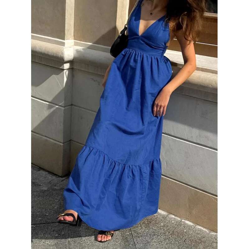Dongdumaoyi Lente Zomer Nieuwe V Hals Backless Spaghetti Casual A Lijn Damesmode Jurk