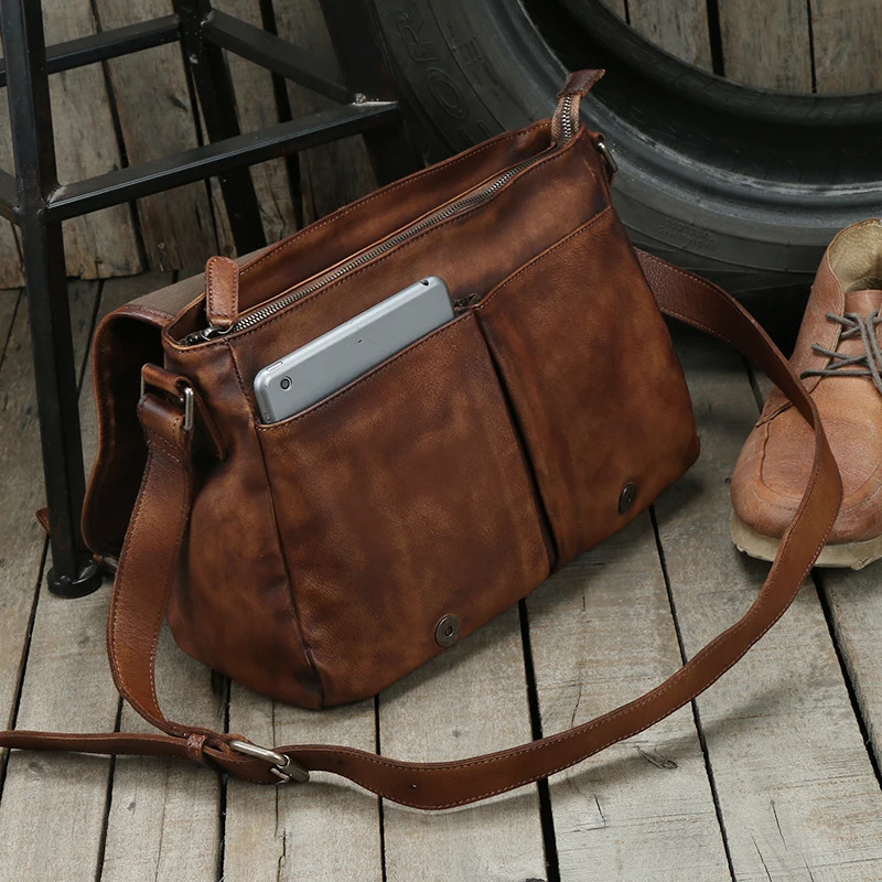 Retro leather messenger bag mens shoulder cross body casual suspender 250326
