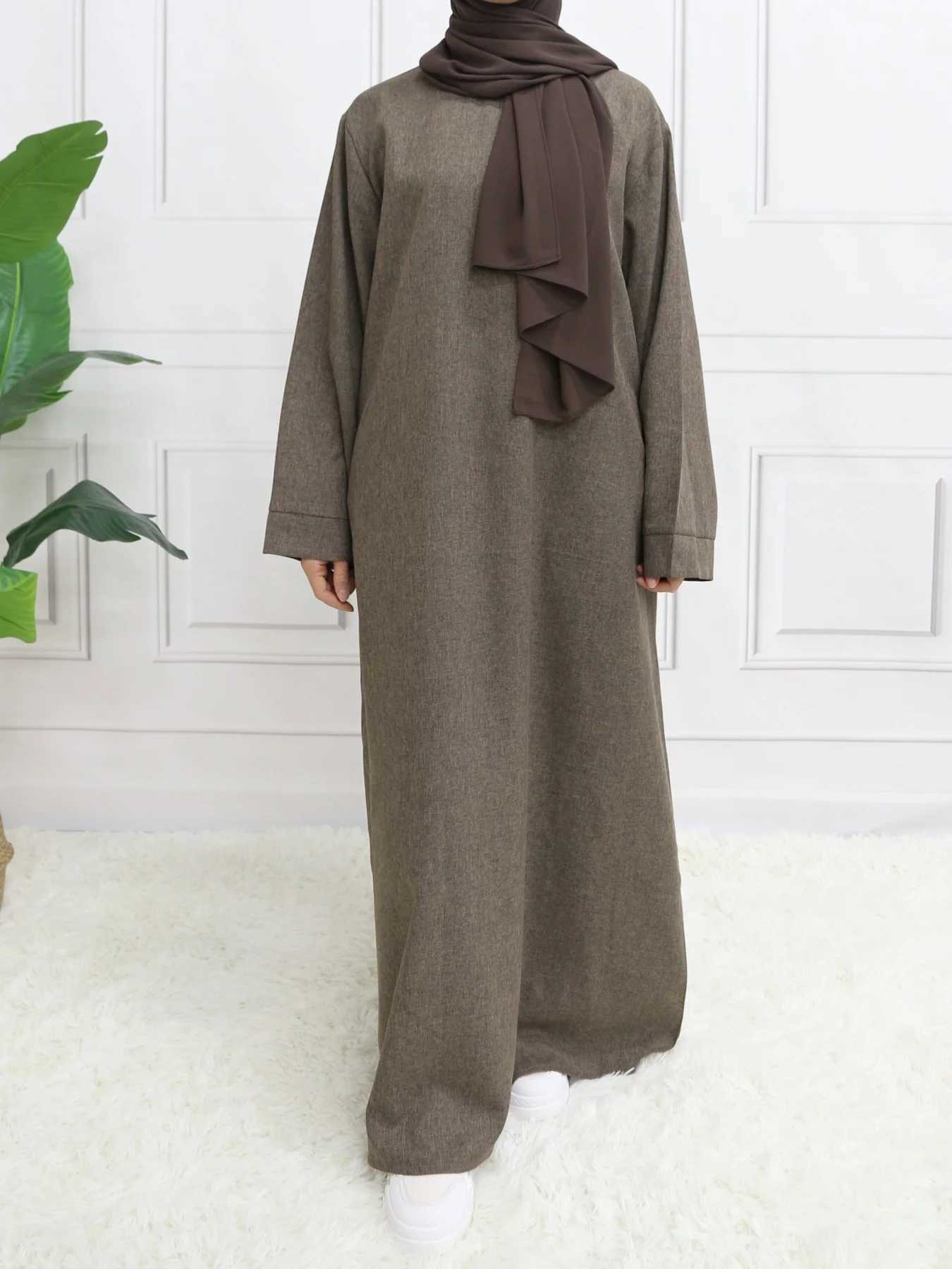 Modest Closed Plain Long Slve Abaya Without Hijab With Belt Basic Islamic Eid Clothes Dress X2505141