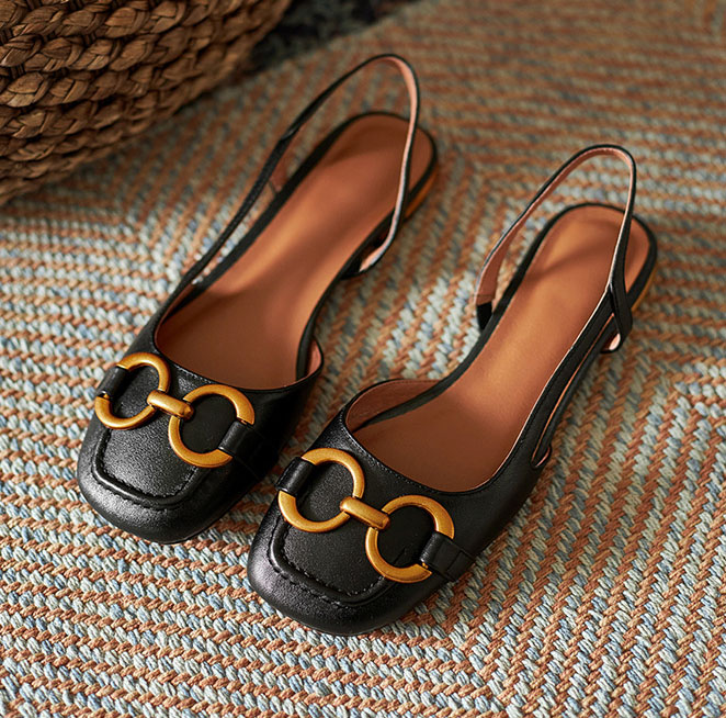 designer shoes 2025 new Women's French retro metal buckle peep-toe square toe low heel sandals with open back and flat bottom style for summer