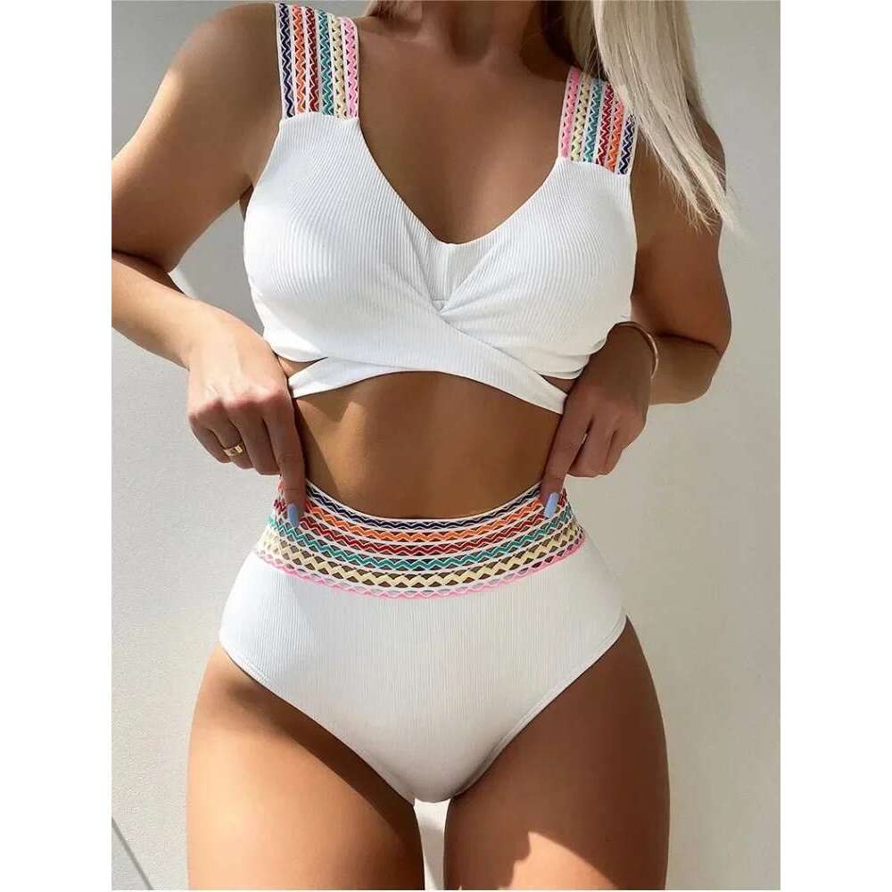 New Sexy Cross Wrap Ribbed Bikinis 2025 Women Swimwear Female Swimsuit Two Piece White High Waist Bikini Set Bather Bathing Suit
