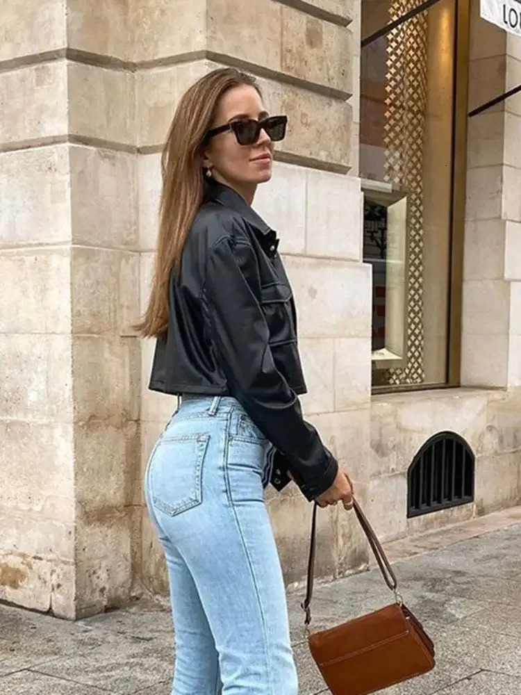 Womens PU leather jacket long sleeved lapel button down jacket pleated jacket with pockets spring and autumn womens jacket 250322